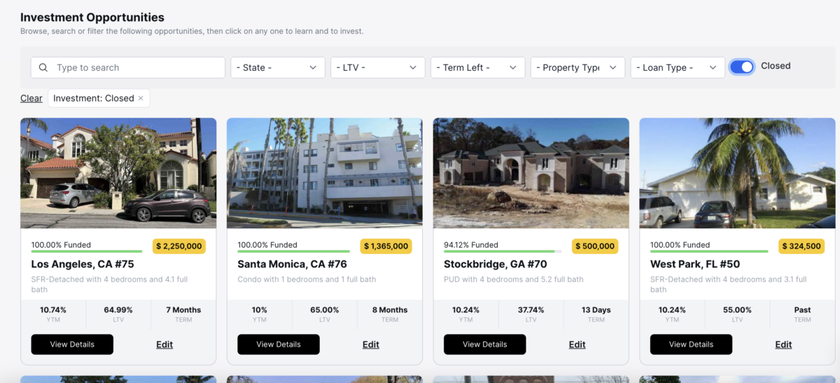 Screenshot of a real estate investment platform displaying various properties, including their funding status, locations, and prices.